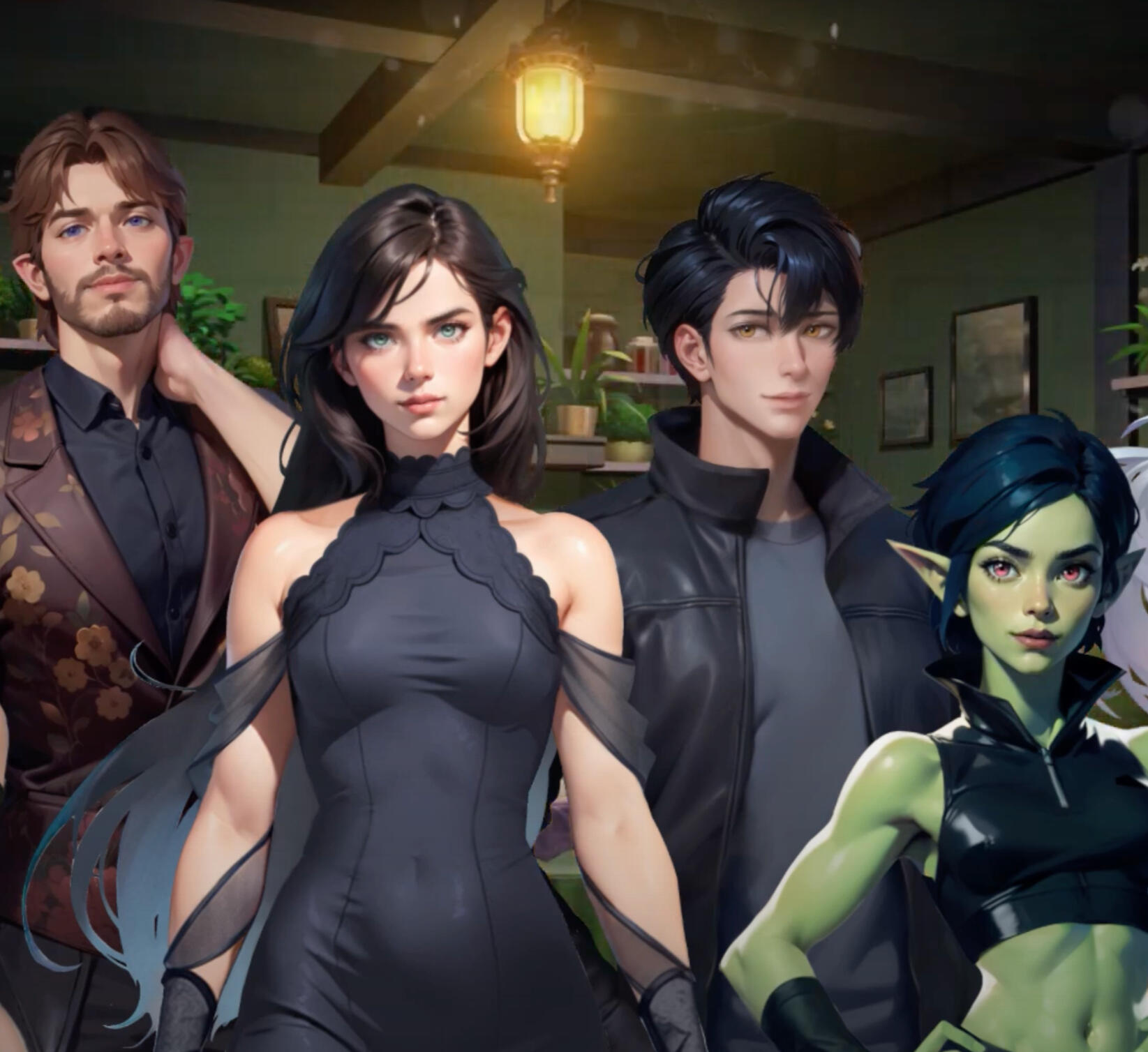 four astraelan characters in an olive green room filled with bookshelves and plants. from left to right: Faeran, an elven man with brown-red hair, violet eyes, and a brown floral corset suit; Thana, a woman with black hair, sea blue-green eyes, and a black