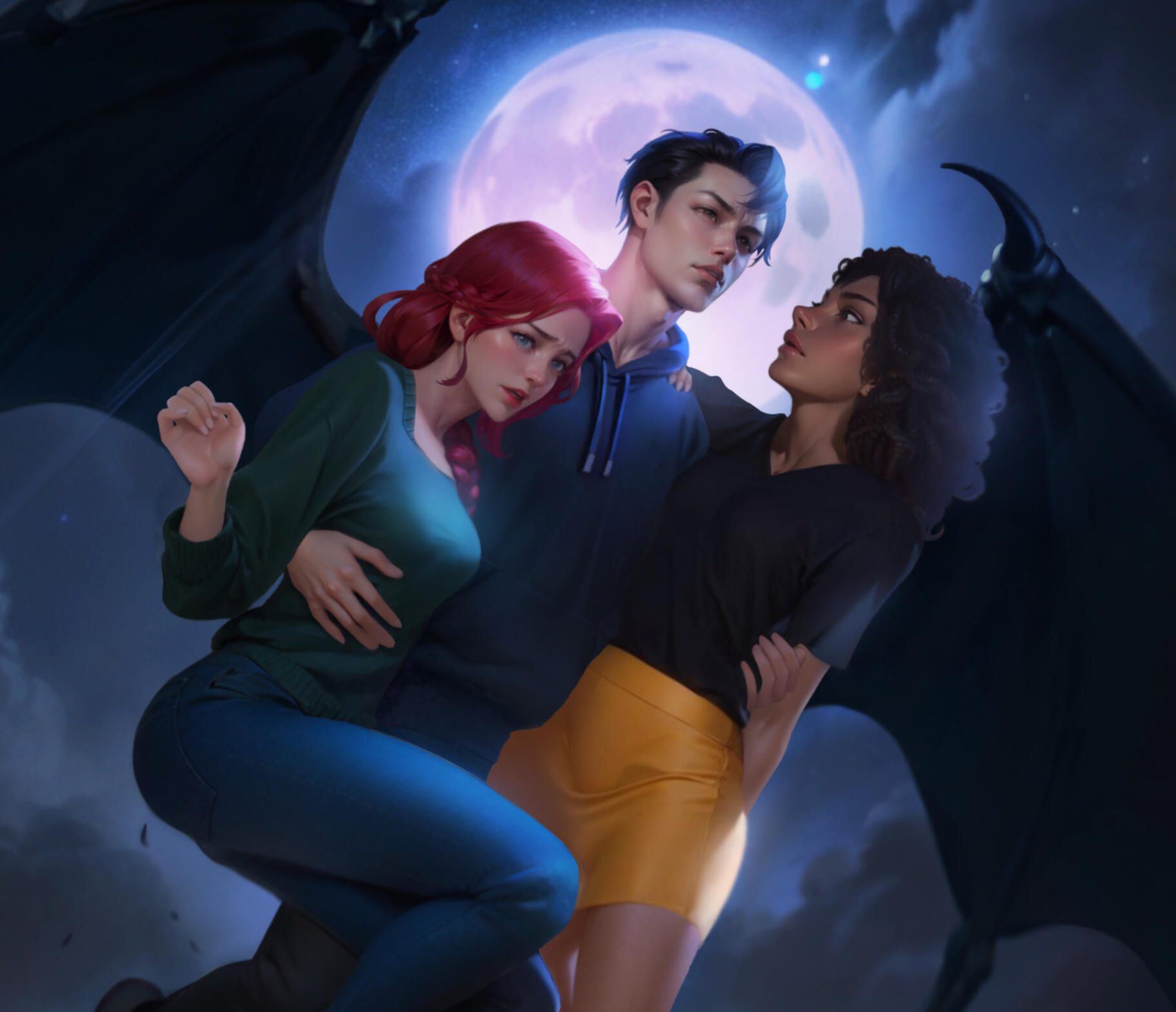 an illustration of emrys, a man with dark hair, dark clothes, and bat-like wings flying in a moonlit sky with two others: Eva, a woman with red hair and a green sweater, and Bobbi, a Black woman with a black and yellow dress